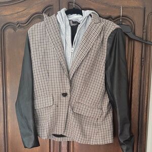 Plaid Blazer with Faux Leather Sleeves